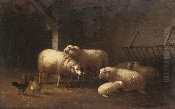 Sheep And Chicken In A Barn Oil Painting by Eugene Joseph Verboeckhoven