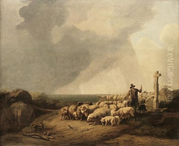 Schafer Mit Seiner Herde Bei Aufziehendemgewitter Oil Painting by Eugene Joseph Verboeckhoven