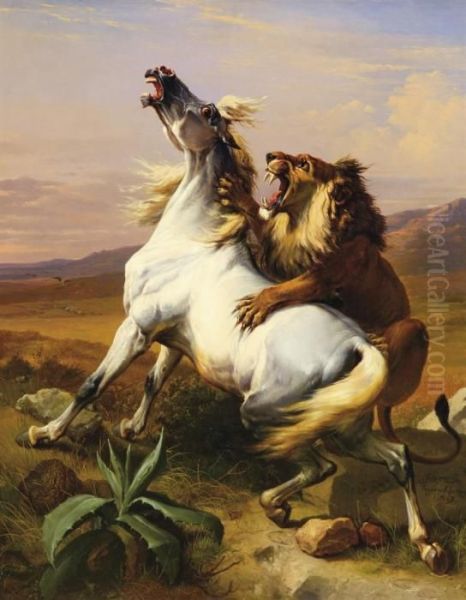 A Lion Attacking A Horse Oil Painting by Eugene Joseph Verboeckhoven