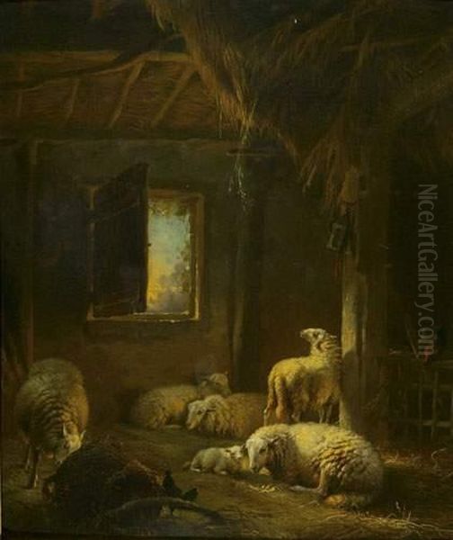 Schafe Und Huhner Im Stall. Oil Painting by Eugene Joseph Verboeckhoven