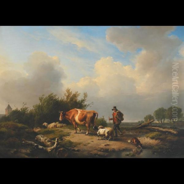 Herdsman With Sheep, Goat And Cow Oil Painting by Eugene Joseph Verboeckhoven