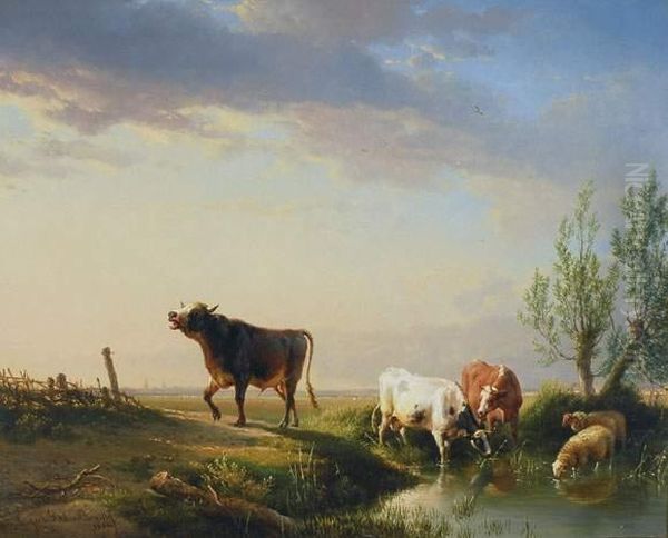 Taureau, Vaches Et Moutons Dans Un Paysage (1851) Oil Painting by Eugene Joseph Verboeckhoven