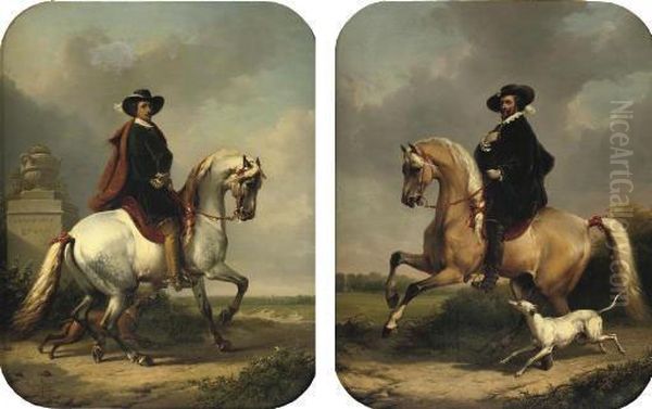 Sir Anthony Van Dyck; And Peter Paul Rubens: A Pair Of Equestrian Portraits Oil Painting by Eugene Joseph Verboeckhoven