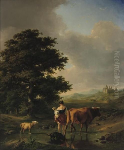 A Woman And Her Cattle In An Extensive Summer Landscape Oil Painting by Eugene Joseph Verboeckhoven