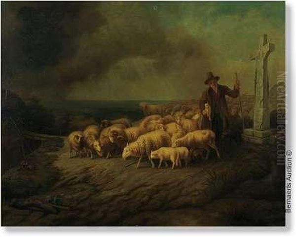 After Shepherd With Storm Approaching. Canvas Oil Painting by Eugene Joseph Verboeckhoven