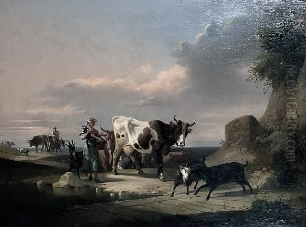 Figures, Cows And Goats Beside A River Oil Painting by Eugene Joseph Verboeckhoven