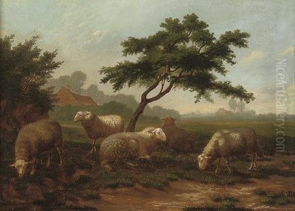 Sheep Grazing Before A Farmstead Oil Painting by Eugene Joseph Verboeckhoven