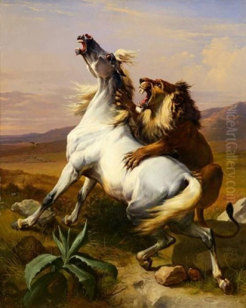 The Lion Attack Oil Painting by Eugene Joseph Verboeckhoven