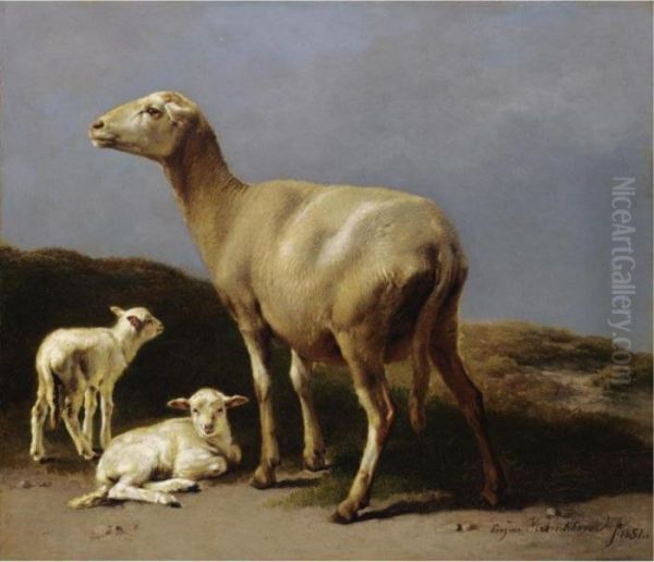 Ewe And Her Lambs Oil Painting by Eugene Joseph Verboeckhoven