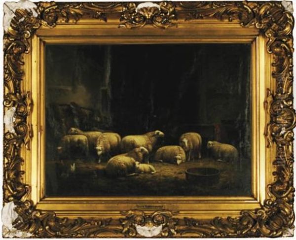 Sheep Resting In A Barn Oil Painting by Eugene Joseph Verboeckhoven