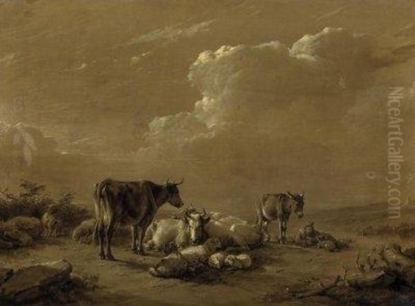 A Shepherd With His Donkey By 
The Cattle On The Fields. Grisaille Painting. Signed And Dated Bottom 
Right: Eugene Verboeckhoven 1867. Oil On Canvas. 50 X 69cm. Framed Oil Painting by Eugene Joseph Verboeckhoven