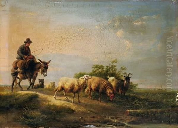 A Shepherd And His Flock Oil Painting by Eugene Joseph Verboeckhoven