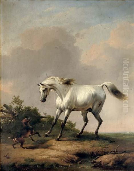 A White Horse Startled By A Dog Oil Painting by Eugene Joseph Verboeckhoven