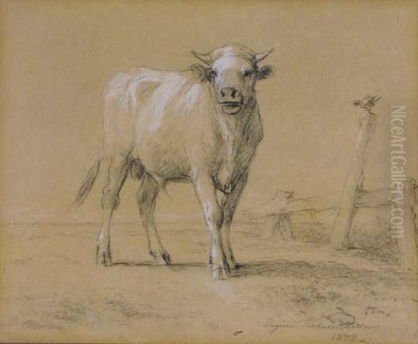 Young Bull And Rooster Out To Pasture Oil Painting by Eugene Joseph Verboeckhoven