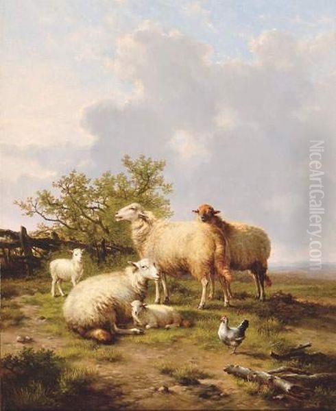 Drie Schapen, Twee Lammeren En Een Kip In Een Landschap
 (1874) Oil Painting by Eugene Joseph Verboeckhoven