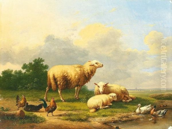 Ruhende Schafe Zwischen Enten Und Huhnern Auf Leichter Anhohe Mit Buschwerk Oil Painting by Eugene Joseph Verboeckhoven