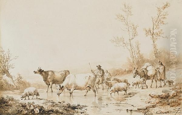 Crossing The River; Bulls And Sheep Resting In A Landscape, Two Oil Painting by Eugene Joseph Verboeckhoven