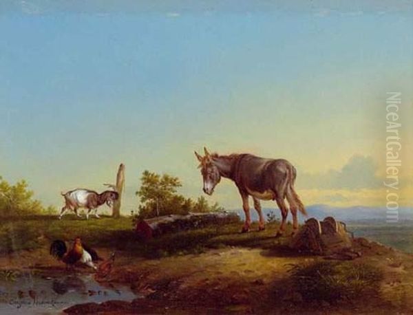 Donkey, Goat And Hens At The Watering Hole Oil Painting by Eugene Joseph Verboeckhoven