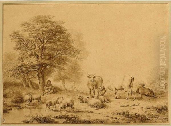 A Wooded Landscape With A Shepherd Resting With His Flock Oil Painting by Eugene Joseph Verboeckhoven