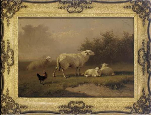 A Cockerel Inspecting Some Sheep Oil Painting by Eugene Joseph Verboeckhoven