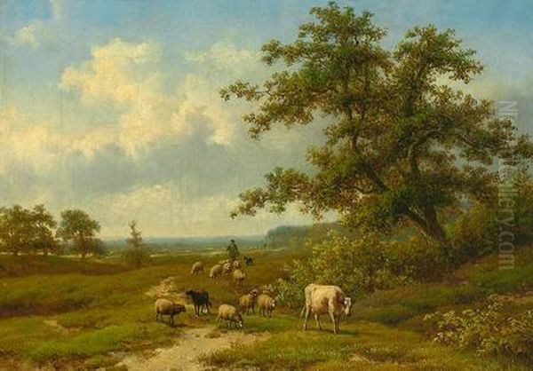 Weidelandschaft Mit Schafer, Schafherde Und Kuh An Einemspatsommertag Oil Painting by Eugene Joseph Verboeckhoven