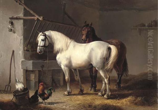 Horses And Chickens In A Barn Interior Oil Painting by Eugene Joseph Verboeckhoven