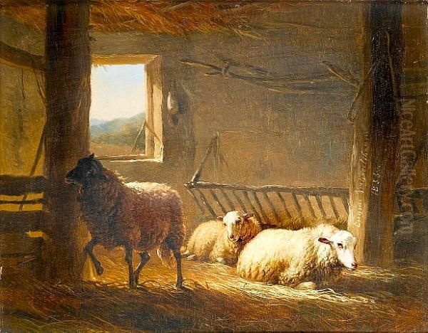 A Stable With Three Sheep Oil Painting by Eugene Joseph Verboeckhoven