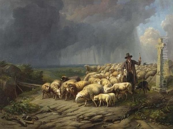 Moutons Effrayes Par La Tempete. Vom Sturm Verangstigte Schafe. 1847. Oil Painting by Eugene Joseph Verboeckhoven