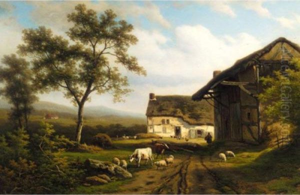 Animals In A Farmyard Oil Painting by Eugene Joseph Verboeckhoven