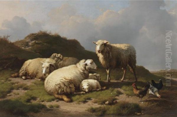 Sheep And Chickens In A Landscape Oil Painting by Eugene Joseph Verboeckhoven