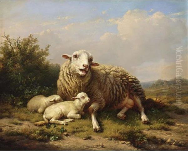 A Sheep And Two Lambs Resting In A Summer Landscape Oil Painting by Eugene Joseph Verboeckhoven