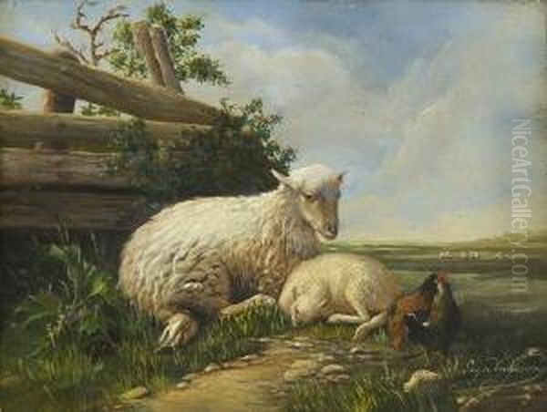 Mutterschaf Mit Lamm Und
 Huhnern. Oil Painting by Eugene Joseph Verboeckhoven