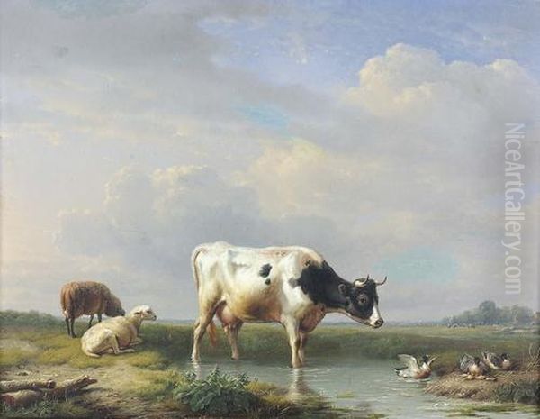 Weidelandschaft Mit Kuh Und Schafen. Oil Painting by Eugene Joseph Verboeckhoven