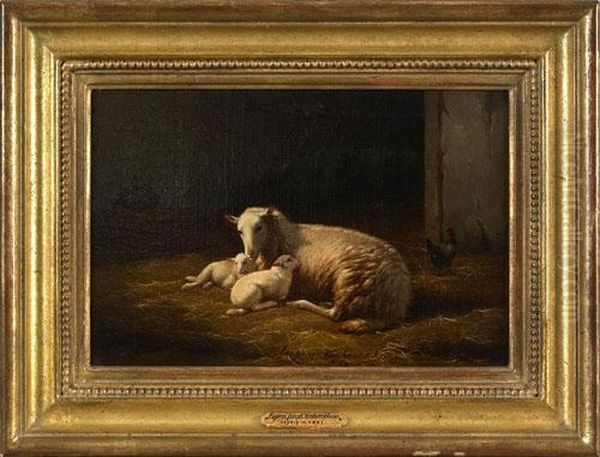 Scene With Sheep And 2 Ewes Oil Painting by Eugene Joseph Verboeckhoven