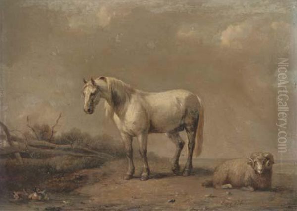 A Horse And Ram At The Farm Pond Oil Painting by Eugene Joseph Verboeckhoven