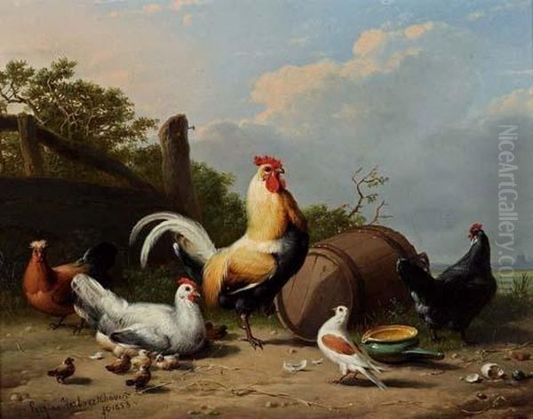 Hahn Und Huhner. 1853. Oil Painting by Eugene Joseph Verboeckhoven