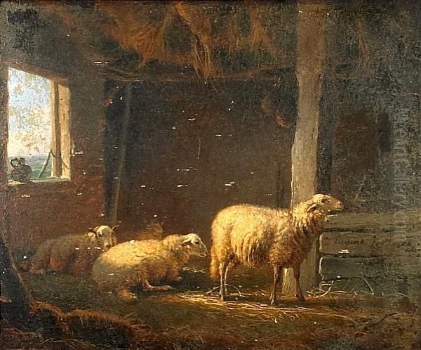 Sheep In A Stable Oil Painting by Eugene Joseph Verboeckhoven