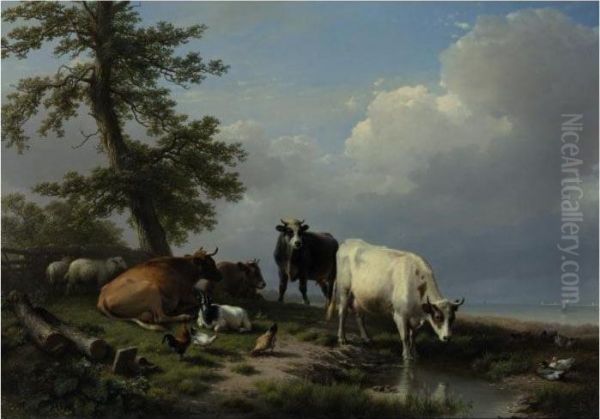 Animals Grazing Near The Sea Oil Painting by Eugene Joseph Verboeckhoven