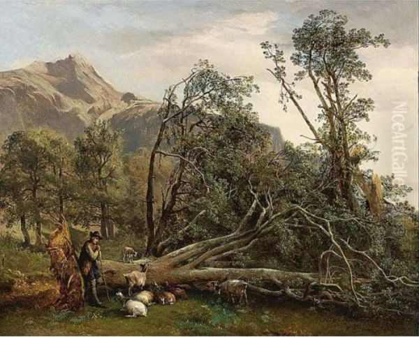 A Shepherd And His Flock In A Wooded Landscape Oil Painting by Eugene Joseph Verboeckhoven