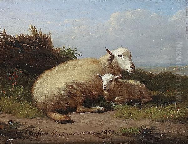 Sheep And Lamb In A Landscape Oil Painting by Eugene Joseph Verboeckhoven