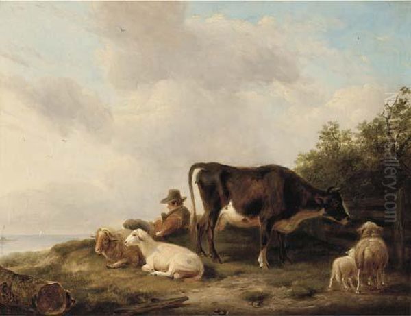 A Drover And His Flock On A Hillside Oil Painting by Eugene Joseph Verboeckhoven