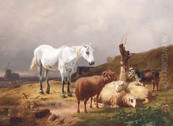 A Horse, Sheep And Goats In A Landscape Oil Painting by Eugene Joseph Verboeckhoven