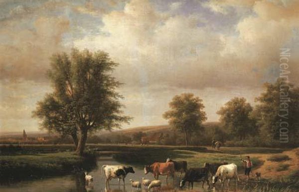 River Landscape With Cattle Oil Painting by Eugene Joseph Verboeckhoven