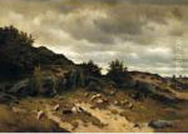 Shepherds With Their Flock In A Rocky Landscape Oil Painting by Eugene Joseph Verboeckhoven