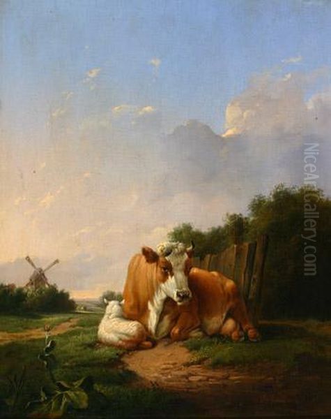 Cow And Sheep Resting In A Landscape Withwindmill Oil Painting by Eugene Joseph Verboeckhoven