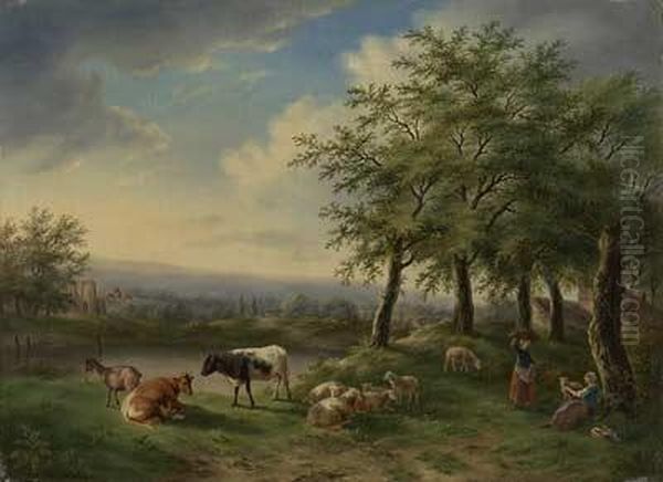 Hirtenidylle Am Stadtrand Oil Painting by Eugene Joseph Verboeckhoven