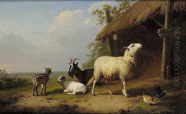 Goats And A Sheep Beside A Barn Oil Painting by Eugene Joseph Verboeckhoven