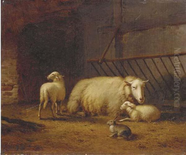 Sheeps And A Rabbit In A Stable Oil Painting by Eugene Joseph Verboeckhoven