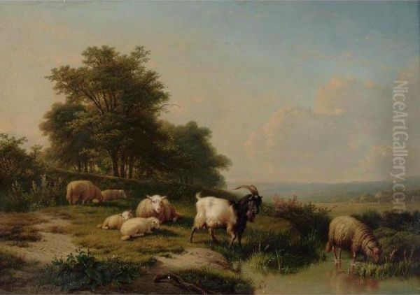 Sheep And Goats In A Landscape Oil Painting by Eugene Joseph Verboeckhoven