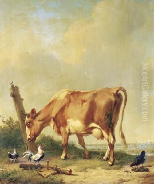 La Vache Rouge Et Blanche Se Frottant La Tete Contre Un Morceau De Bois Oil Painting by Eugene Joseph Verboeckhoven